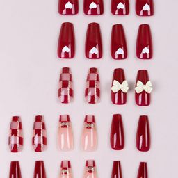 Secret Lives Set Of 24 Translucent With 3D Bow Heart Design Press On Nails - Dark Red image 3
