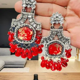 OPUS GEMS Artificial Stones Studded & Beaded Floral Shaped Drop Earrings-picture-11