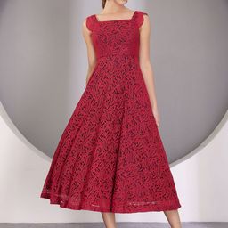 Miss Chase Women Square Neck Self Design Lace A-Line Midi Dress-picture-7