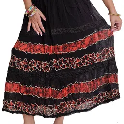Exotic India Georgette Long Embroidered Skirt With Batik Print and Lace-image-1