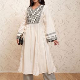 Vishudh Floral Embroidered Panelled Sequinned Pure Cotton Kurta With Trousers-image-36