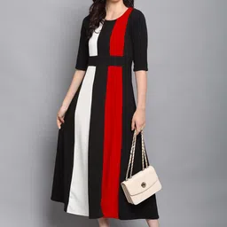 DressBerry Colourblocked Round Neck Fit and Flare Dress-image-44