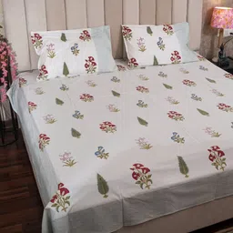 Hawamahal Phool Bagh White & Green Printed Cotton 350 TC King Bedsheet Set 2.25 m x 2.75 m-picture-10