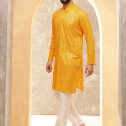 Anouk MustardStriped Embroidered Sequinned Mandarin Collar Pure Cotton Kurta With Pyjama-46