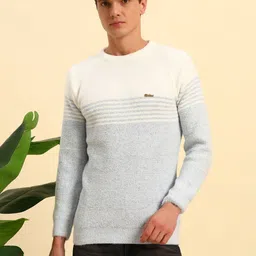 BUDAPEST Men Blue Striped Woollen Round Neck With Long Sleeves Pullover-picture-5