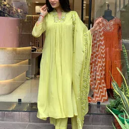 KALINI Women Floral Yoke Design Pleated Thread Work Kurta with Trousers & With Dupatta-picture-56
