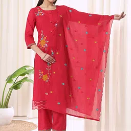 Anouk Floral Embroidered Round Neck Pure Cotton Straight Kurta With Trouser & Dupatta-image-77