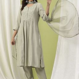 Nayam By Lakshita Floral Yoke Design Sequinned Silk Anarkali Kurta with Trousers & Dupatta-picture-32