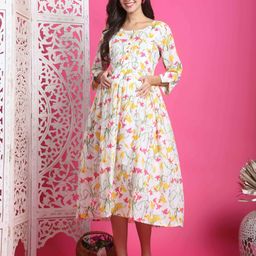 Roly Poly Women Floral Printed Cotton A-Line Maternity Midi Dress-image-69