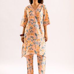 FEATHERS CLOSET Peach Exotic Tiger Printed Lace Cotton Long Co-Ord Set-image-13