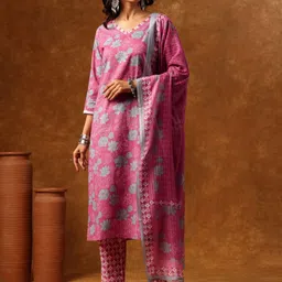 Anouk Women Women Floral Printed Pure Cotton Kurta with Trousers & With Dupatta-picture-5