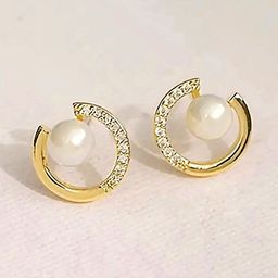 Peora Gold-Plated Cubic Zirconia Studded And Pearls Beaded Circular Shaped Studs-picture-18