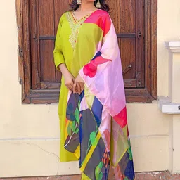 Siya Fashion Floral Yoke Design V-Neck Sequinned Cotton Silk Kurta With Trousers & Dupatta image 2