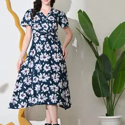 DECKEDUP Women Ethnic Motifs Print V-Neck Wrap Midi Cotton Dress-47