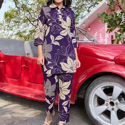 Moda Rapido Floral Printed Pure Cotton Shirt Collar Tunic With Trousers-image-84