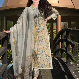 Aika Girls Floral Printed V-Neck Cotton Straight Kurta With Trousers & Dupatta-image-1