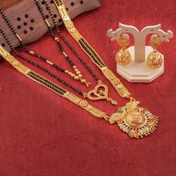 Anouk Set Of 3 Gold-Plated Artificial Stones Studded & Beaded Mangalsutras With Earrings image 2