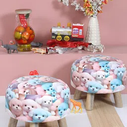 Shadowkart 2-Pcs Pink & Blue Printed Wooden Anti-Flip Round Ottoman Pouffe-18