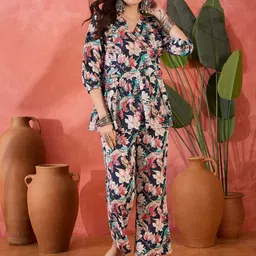 Sangria Floral Printed Cotton Ruffled Tunic With Trousers Co-Ords-picture-22