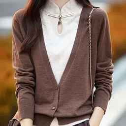 KPOP Women V-Neck Long SleevesFront-Open Sweater-image-44