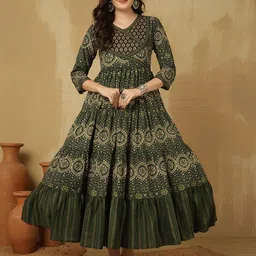 GLAM ROOTS Floral Printed Cotton Tiered Anarkali Kurta-image-35
