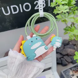VAPRIF Charger Cover for iPhone 18W-20W Charger | 3D Cute Green Dino Design | Spiral Cable Protector-image-96