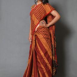 JAIPURI BLOCK PRINT Striped Pom Pom Detail Pure Cotton Mulmul Block Print Saree image 2