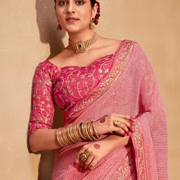 Mitera Pink White Leheriya Printed Sequinned Poly Georgette Saree-picture-28