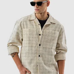 Snitch Men Cream Checks Relaxed Fit Overshirt-picture-3