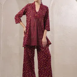 JISORA Printed V Neck Cotton Top With Trousers Co-Ords-image-86