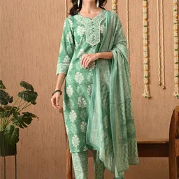 Anouk Women Floral Printed Regular Pure Cotton Kurta with Trousers & With Dupatta-picture-18