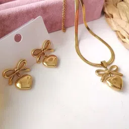 Jewels Galaxy Stainless Steel Gold-Plated Bow Shaped Necklace And Earrings-image-6