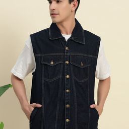 TANDUL Men Spread Collar Solid Denim Jacket-image-19