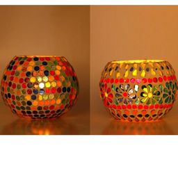 Somil Vibrant Multicolor Glass Candle Holder Add A Touch Of Magic To Diwali, Parties & Candlelight Dinners, Size-9.5 X 9.5 X 7 Cm , 11 X 11 X 8 Cm Pack OF 2-image-94