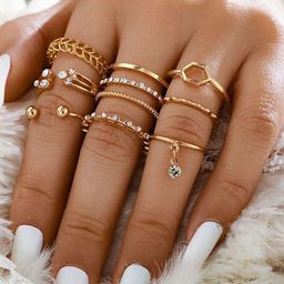 DIVASTRI Set of 8 Gold-Plated Crystal Studded Finger Rings-13