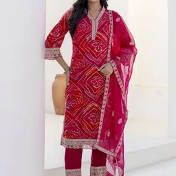 RANGREAL Women Bandhani Printed Regular Sequinned Kurta with Trousers & With Dupatta-picture-55