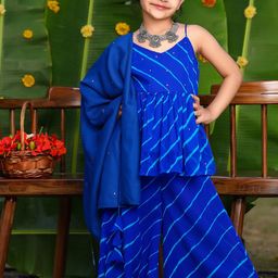Thread & Button Girls Striped Regular Silk Chiffon Kurti with Trousers & With Dupatta-picture-9