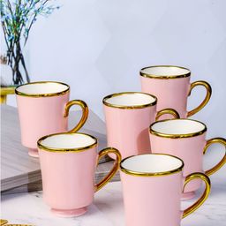 Roxx Pink & Gold Toned 6 Pieces Dishwasher Safe Porcelain Glossy Finish Mugs 180ml-14