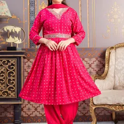 BAESD Girls Bandhani Printed V-Neck Pleated Sequinned Anarkali Kurta-image-55