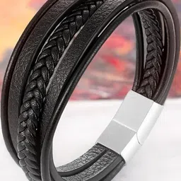 Black Braided Magnetic Clasp Leather Bracelet For Men-image-78