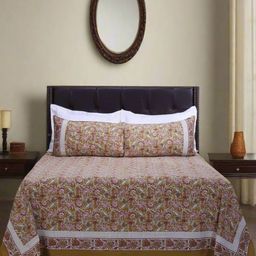 SHAHENAZ Olive Green & Red Floral Cotton 120 TC Queen Bedsheet with 2 Pillow Covers-image-40