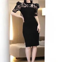 BAESD Puff Sleeves Cotton Bodycon Dress-image-52