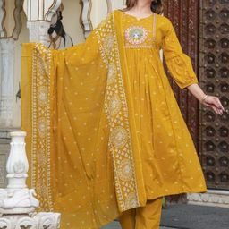 KALINI Women Woven Design Embroidered Cotton Anarkali Kurta with Trousers & Dupatta-image-27
