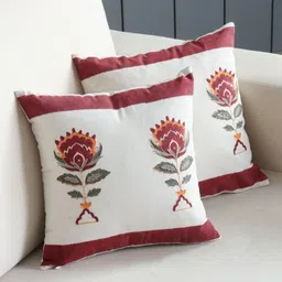 Eyaas White & Orange Set of 2 Floral Embroidered Block Printed Square Cushion Covers-5