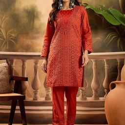 Sangria Schiffli Embroidered Pure Cotton Tunic With Trouser Co-Ords-image-80