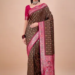 House of Pataudi Ethnic Motifs Woven Design Saree With Unstitched Blouse-image-11