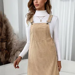 HERE&NOW Women Khaki Corduroy Pinafore Dress-picture-4