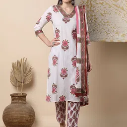 FASHOR Floral Printed V-Neck Pure Cotton Straight Kurta With Trousers & Dupatta-image-20
