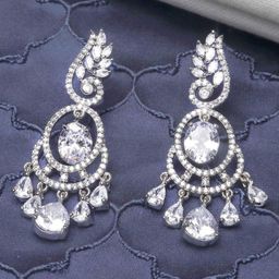 Gemron Jewel Rhodium-Plated American Diamond Studded Contemporary Drop Earrings-image-100