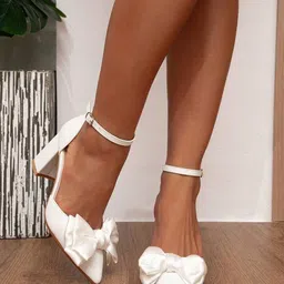 PURPLEHUNT Bows PU Block Peep Toes Heels-image-32